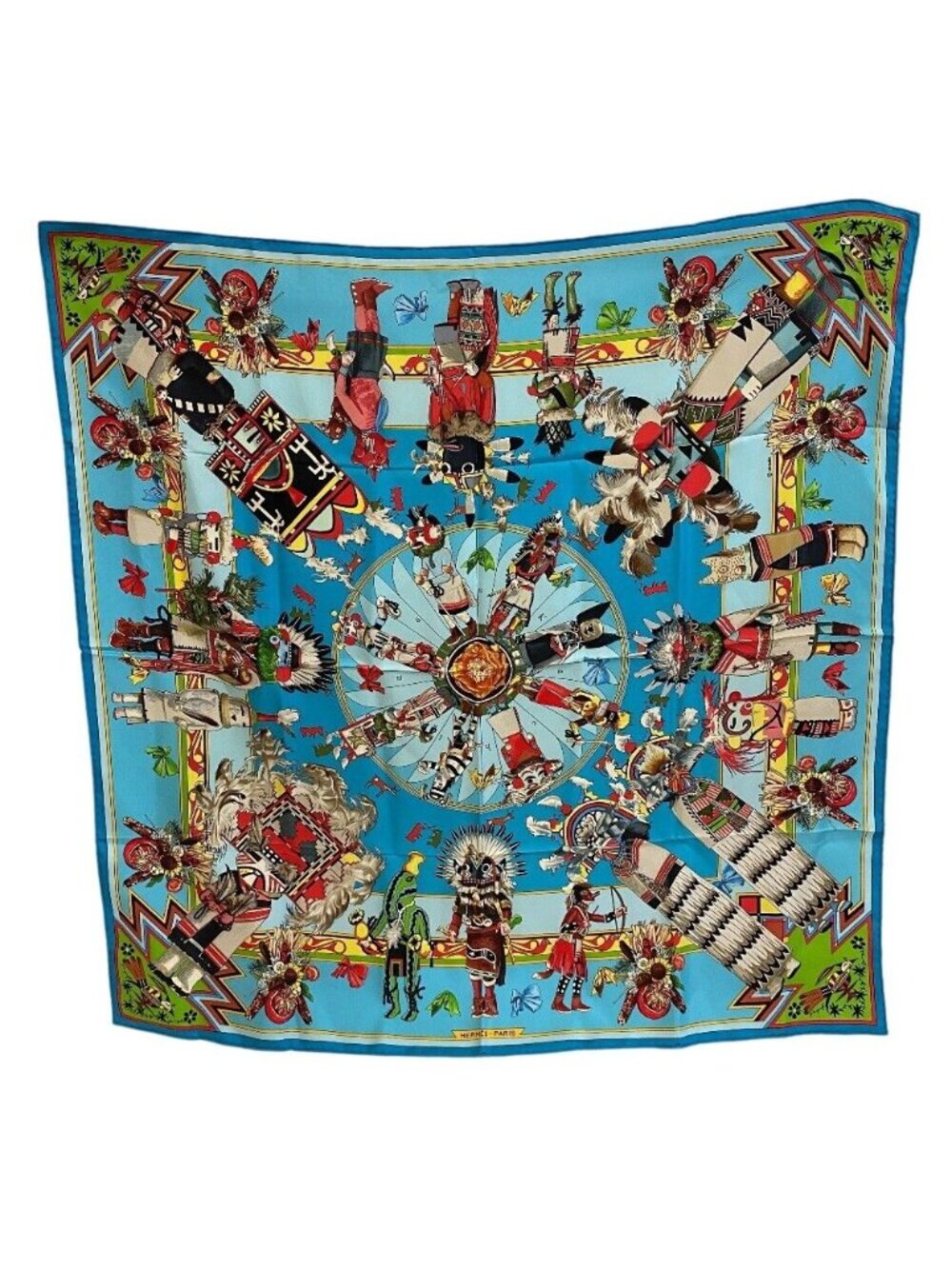 Hermes Kachinas Carre 90 Silk Scarf Blue